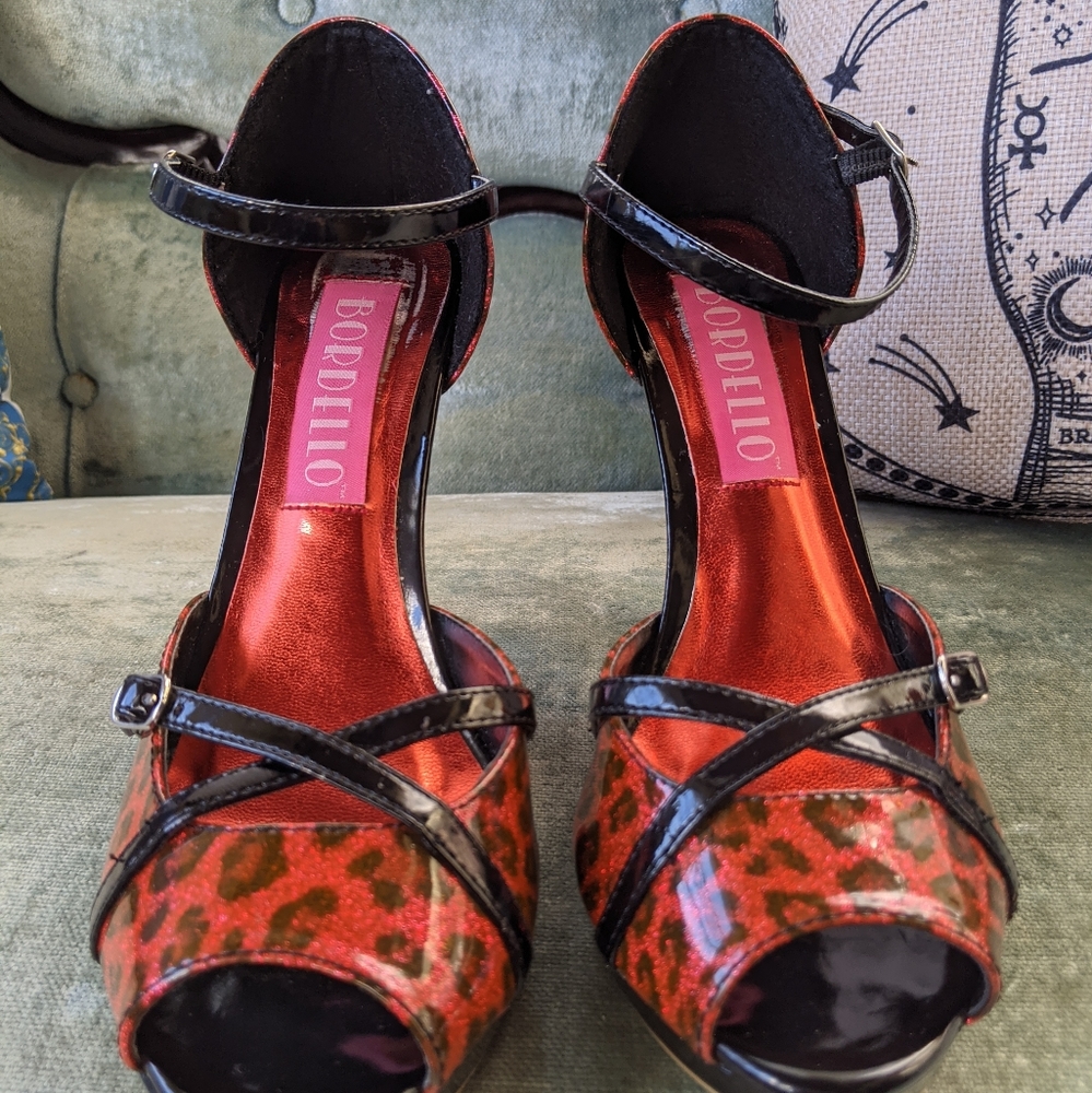 Bordello red leopard vinyl heels